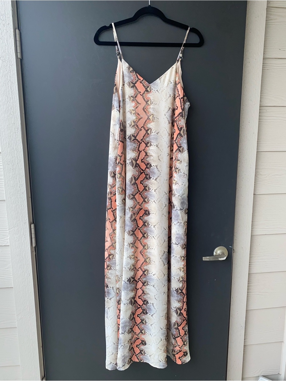 Snake-Print Slip Maxi Dress in Coral and Cream